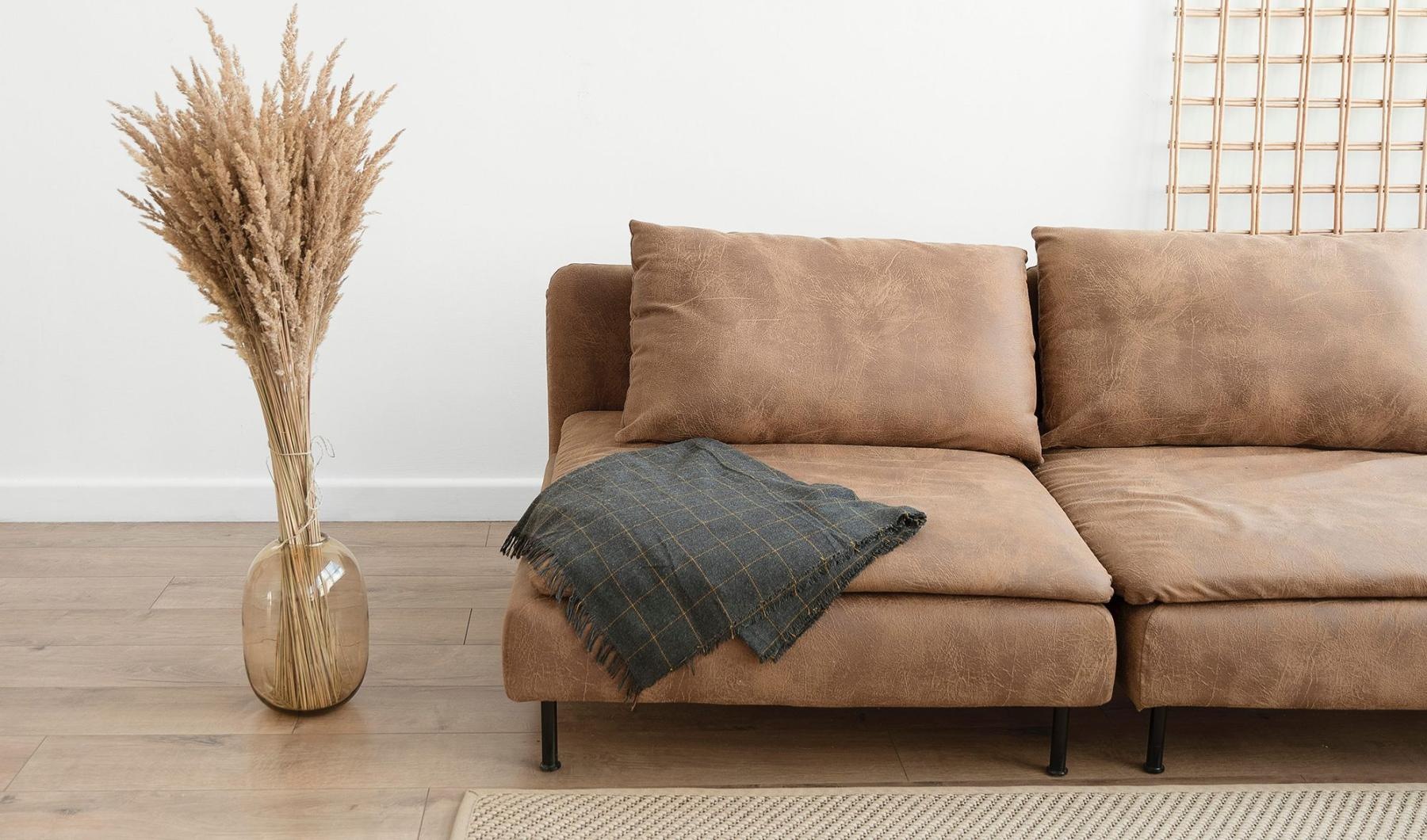 living room with a throw on a couch beside a large floor vase with a plant in it